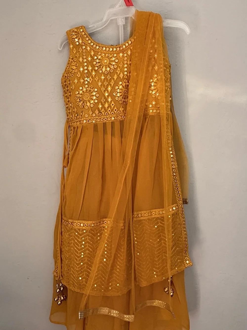 Girls Mustard Gold Embellished Party Dress with Dupatta